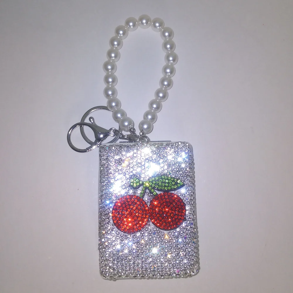Sparkling Silver Cherry Keychain Mirror with Pearl Handle